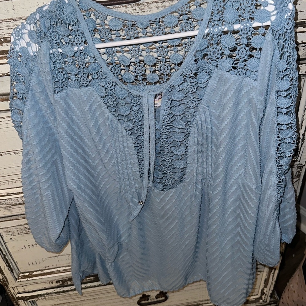Bila light blue quarter sleeve crochet with tie blouse xxl so cute